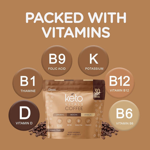 Keto Vitals Instant Keto Coffee Powder - Low-Calorie Sweetened Coffee Packets in Original, Vanilla, & Mocha Flavors -