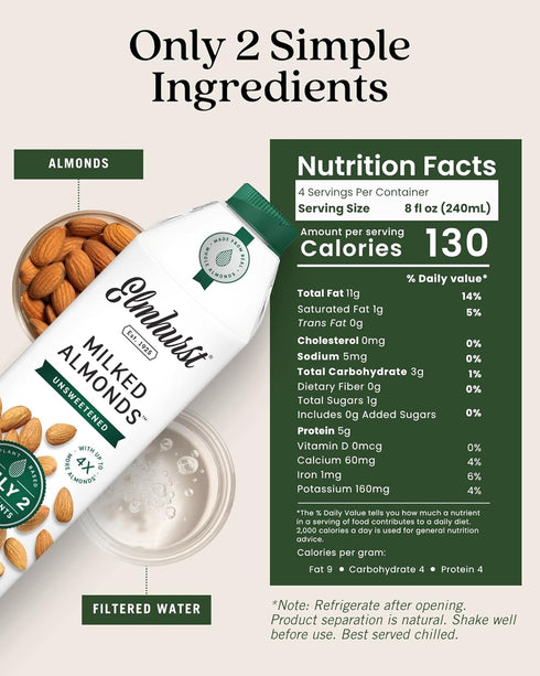 1925 32 (Pack 6) Elmhurst Unsweetened Almond Milk - Ounce of Dairy-Free, Vegan, Kosher, No Added Sugar, Shelf Stable