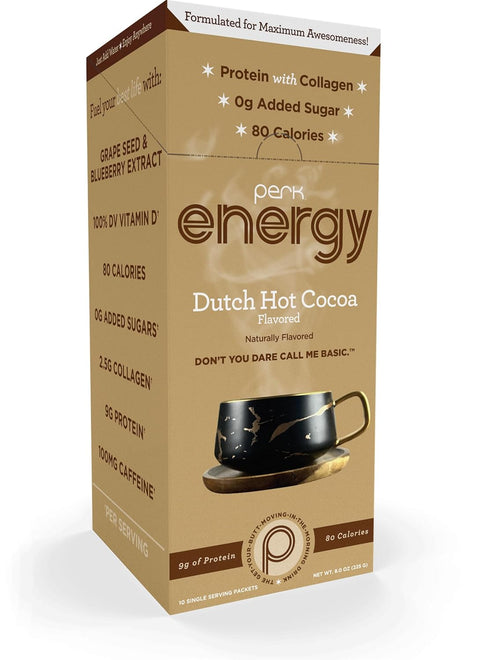 Perk Energy Drink Mix (Dutch Hot Cocoa) 10 Stick Packs - Caffeinated