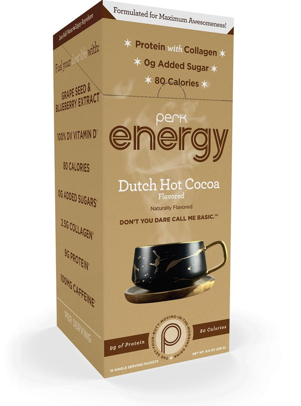 Perk Energy Drink Mix (Dutch Hot Cocoa) 10 Stick Packs - Caffeinated