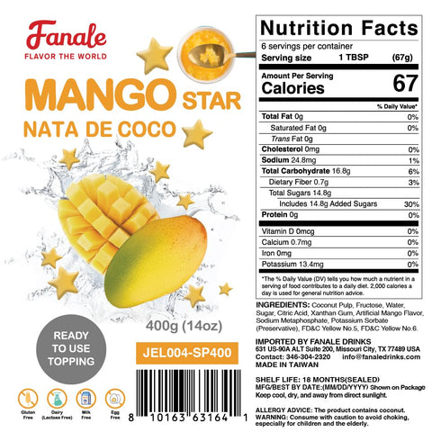 400g(Pack 1) Fanale Coconut Jelly Topping nata de coco for Bubble Tea | Mango Star Jelly Topping for Boba Tea
