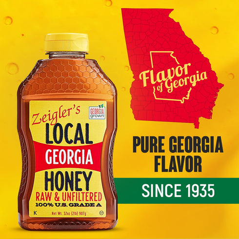 32 oz Zeigler's Local Georgia Award Winning Honey All Natural, Pure, Raw, & Unfiltered Georgia Honey, Squeeze Bottle
