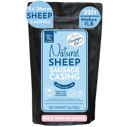 Natural SHEEP Casings for Sausage Making, 24-26mm, Pre-Tubed Edible Casing for Hot Dog & Breakfast Sausage, 32”