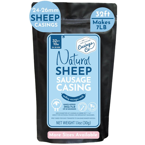 Natural SHEEP Casings for Sausage Making, 24-26mm, Pre-Tubed Edible Casing for Hot Dog & Breakfast Sausage, 32”