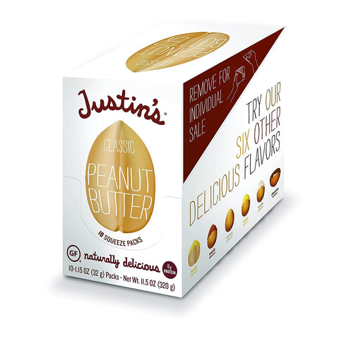Justin's Classic Peanut Butter Squeeze Packs, Only Two Ingredients, Gluten-free, Non-GMO, Responsibly Sourced, 10 Pack (1.15oz each)