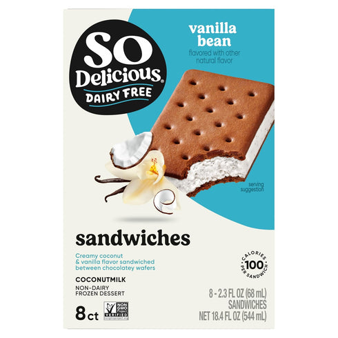 SO DELICIOUS Frozen 8 Pack Dairy Free Coconut Milk Dessert Sandwich, Vanilla Bean, Vegan, Non-GMO Project Verified