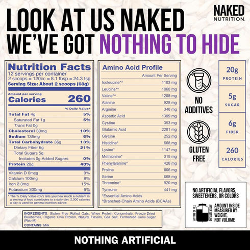 20g 12 Naked Oats - Blueberry Cobbler Overnight Oats, Grass-Fed Protein, Gluten-Free Oatmeal Instant Breakfast