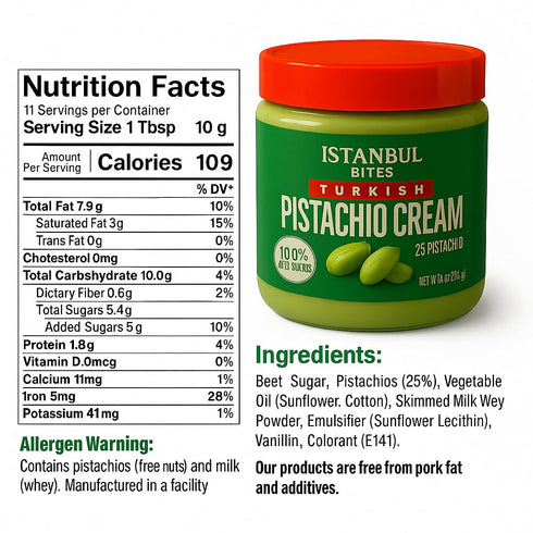 Istanbul Bites 8oz-225 25% Premium Pistachio Cream Spread | gr Jar | Perfect for Dubai Chocolate Bar | Vegan