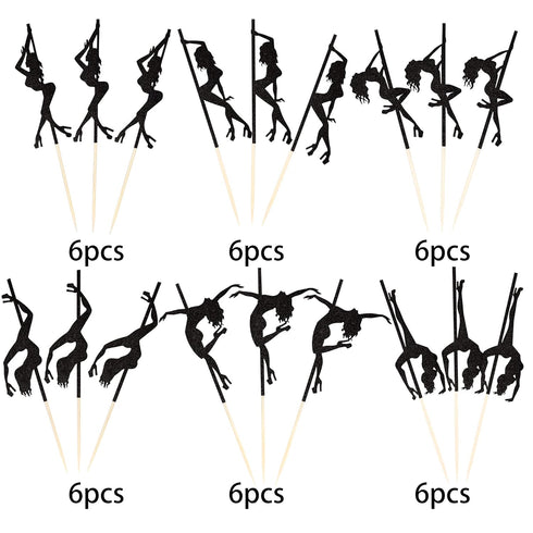 36 PCS Pole Dance Girl Cupcake Toppers - Black Glitter Picks for Bachelorette, Bridal Shower, Birthday Party