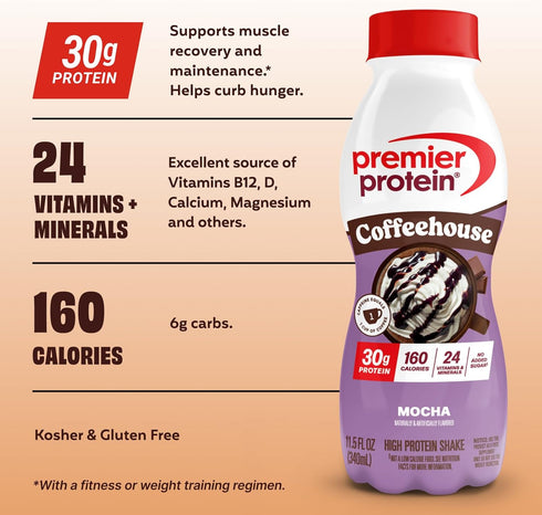 30g 24 11.5 oz, 12 Pack Premier Protein COFFEEHOUSE Mocha Protein Shake with Caffeine for Energy Protein, No Added