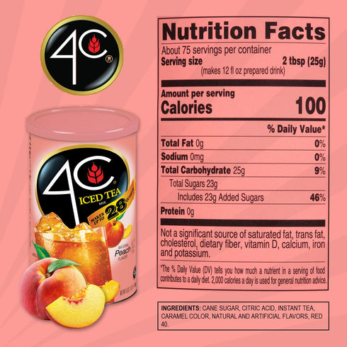 4C 3 Pack, 28 Powdered Drink Mix Cannisters, Peach Tea Quarts, Family Sized Cannister, Thirst Quenching & Refreshing