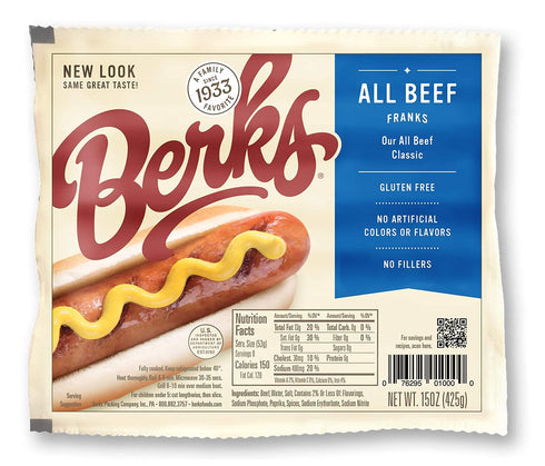 8 Pack (Pack 3), Berks All Beef Hot Dogs, per of Gluten-free