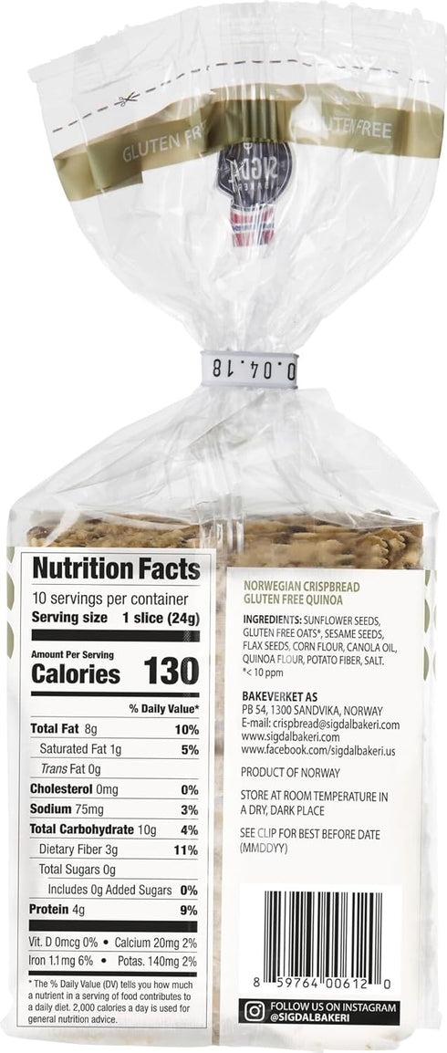 8.29 oz (235g) (Pack 2) Sigdal Bakeri Gluten Free Quinoa | Norwegian Wholegrain Crispbread | All Natural and Non-GMO