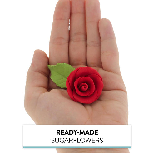 24 Count Global Sugar Art Premium Wedding & Party Edible Rose Cake & Cupcake Sugar Flowers, Red, with Leaves by Chef