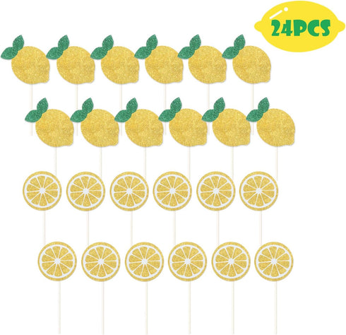 Oskal 24Pcs Glitter Lemon Cupcake Toppers, Fruits Theme Party Decor, Summer Cupcake Toppers