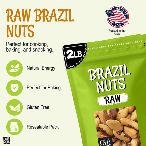 2 lb 100% Oh! Nuts Brazil Nuts, Raw, Unsalted, No Shell, Whole in Resealable Bag Natural Nuts, Rich in Selenium Vegan
