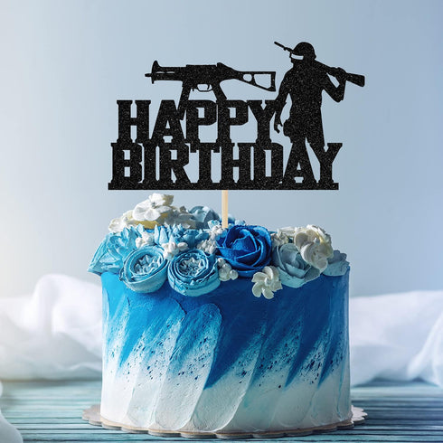PUBG Happy Birthday Cake Toppers - Video Game Themed Birthday Party Decorations Picks for Kids Black Glitter
