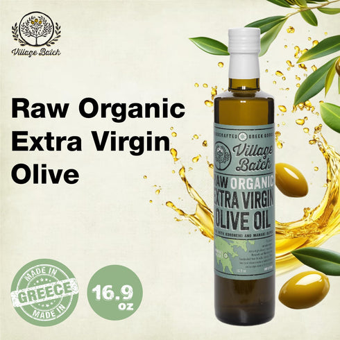 (16.9 oz, Village Batch Raw Organic Extra Virgin Olive Oil, Cold Pressed and Unfiltered EVOO, Authentic Greek Olive