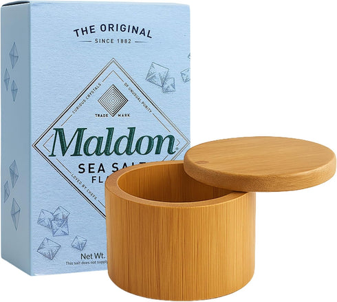 NORTHWARD SPIRIT Bamboo Salt Box Cellar Canister Gift Set With Maldon Sea Salt Flakes