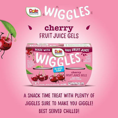 4.3oz 4 Dole Wiggles No Sugar Added Cherry Fruit Juice Gels Snacks, Total Cups, Gluten & Dairy Free, Bulk Lunch Snacks