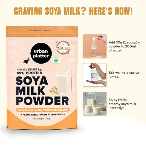 35.27 Oz (1kg) 49% Urban Platter Soya Milk Powder | | Plant Protein | Unflavored Soy Milk for Coffee, Tea, Smoothies
