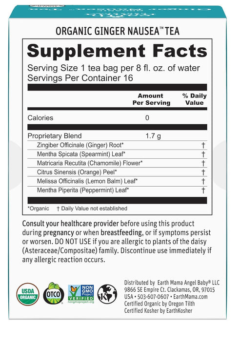Earth Mama 16 (2-Pack) Organic Ginger Nausea Tea | Comforts Occasional Nausea + Morning Sickness, Teabags Per Box