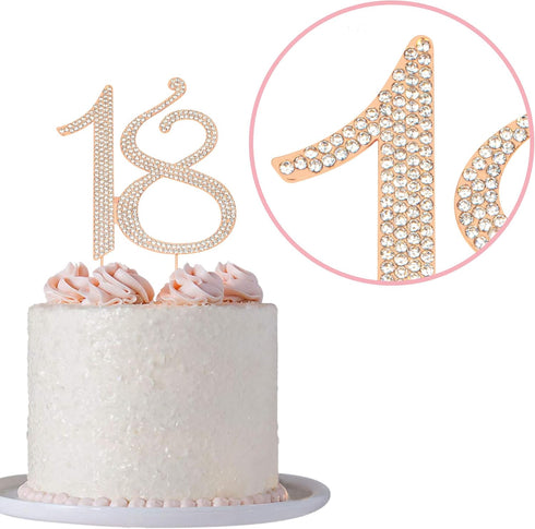 18 Cake Topper - Premium Rose Gold Metal, 18th Birthday Party Sparkly Rhinestone Decoration, Protected in a Box