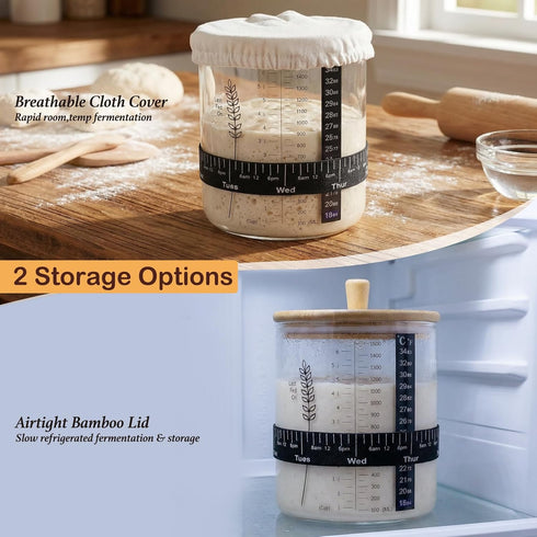 50oz Premium Sourdough Starter Jar Kit - Large Wide Mouth Glass Jar with Bamboo Lid,Cloth Cover, Date Tracker