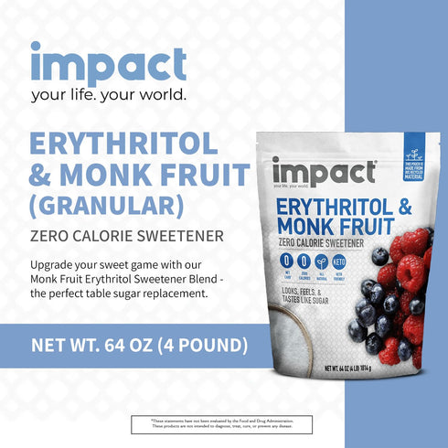 1 1 4lbs Impact White Monk Fruit & Erythritol Sweetener Blend - Gluten Free, Zero Calories, Net Carbs, Keto, Vegan