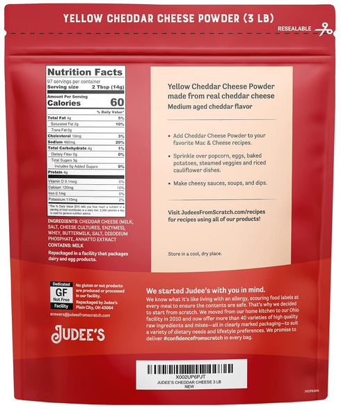 3 lb, Pack 1 Judee's Gluten Free Yellow Cheddar Cheese Powder - Popcorn & Snack Seasoning - Gluten-Free Nut-Free Powder