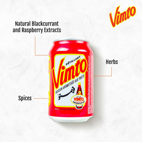 12 oz (Pack 24) Vimto Sparkling Fruit Flavored Drink Soda with Natural Black Cherry, Raspberry, Black Currant Middle