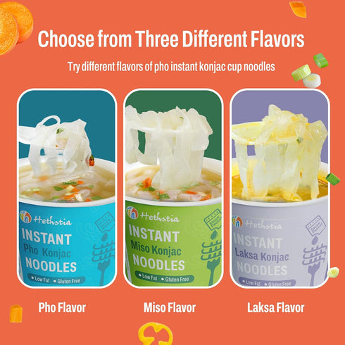 6 Packs, Hethstia Konjac Noodles Soup Cup Variety Flavor (Pho, Miso, Laksa), Vegan, Gluten-Free, Sugar-Free, Keto