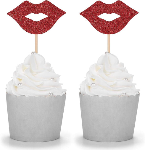 24 Red Lip Cupcake Toppers, Bachelorette Party Picks, Hen Night Bridal Shower Decorations