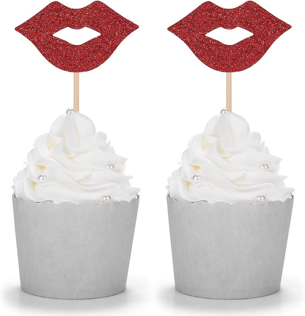 24 Red Lip Cupcake Toppers, Bachelorette Party Picks, Hen Night Bridal Shower Decorations