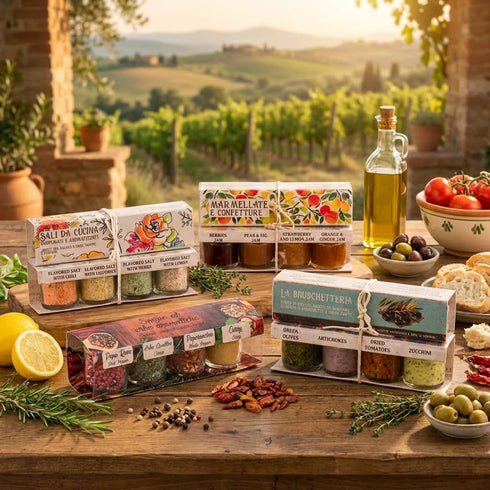 Set, 1.3 oz Pack 4 ARTIGIANI DEI SAPORI - Bruschetta each, Tomato Chopped, Artichokes, Sun-Dried Tomato, Smooth