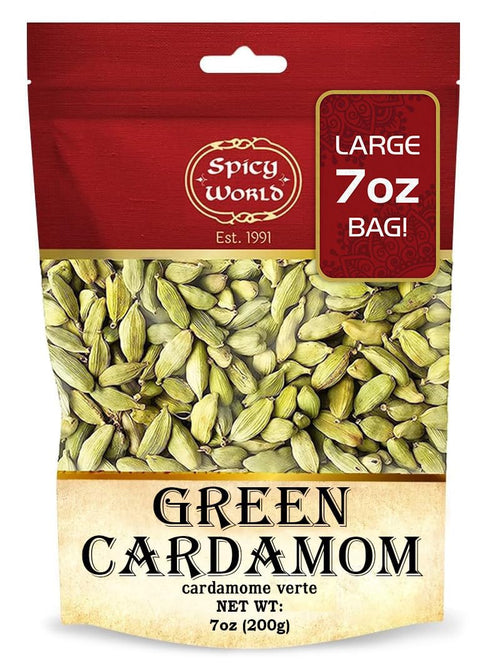 Spicy World Whole Green Cardamom Pods, 7 Oz Large Bag (200g), Natural Spice, Vegan, Aromatic