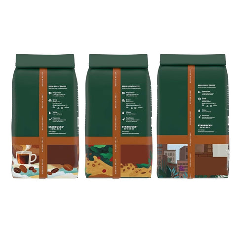 Pack, 12 oz Starbucks Whole Coffee Beans, Medium Roast Hot or Iced Coffee, Variety Three Bags