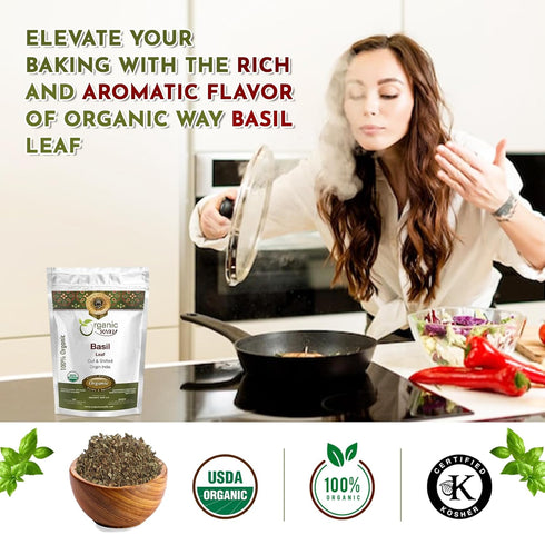 100% (8 Oz) Organic Way Basil Leaf Cut and Sifted | Non GMO, Kosher, USDA Certified Organic Basil Leaves | Dried