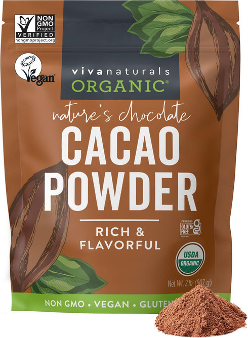 Viva Naturals 2lb Organic Cacao Powder, Unsweetened Cocoa Powder for Baking & Smoothies