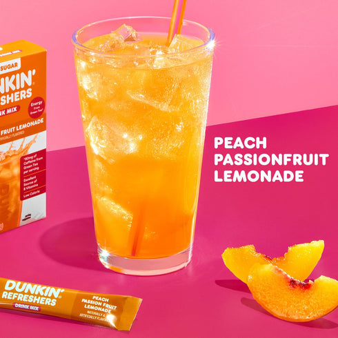 packets, Lemonade,10 packets Dunkin Zero Sugar Refreshers Singles To Go! Powdered drink mix Peach Passionfruit per box