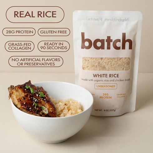 28g 90 (4 Pack) Batch Organic Protein Rice with Collagen Protein per Bag, Ready in Seconds, Microwavable Long-Grain