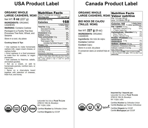 8 W-240, Food to Live Organic Cashews, Ounces Whole, Size Unsalted, Non-GMO, Kosher, Raw, Vegan, Bulk