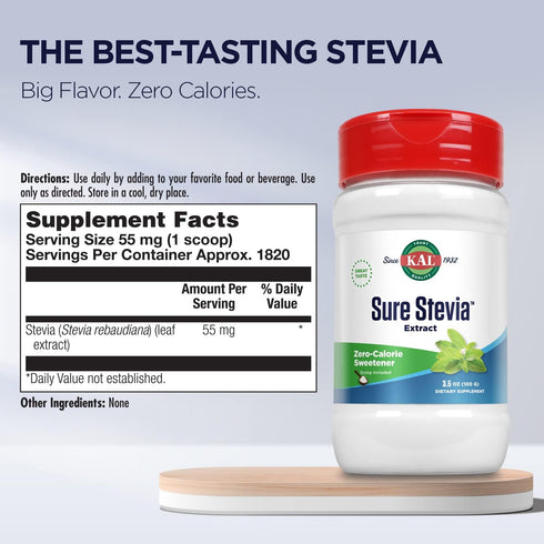 KAL Sure Stevia Extract Powder, 3.5oz, Low Carb, Plant Based Sweetener, Zero Calories, 1820 Servings, Keto Friendly