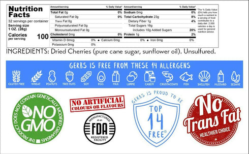 2 lbs. 14 Gerbs Dried Sweetened Cherries | Unsulphured, No Artificial Additives, Resealable Bag | Naturally Tart