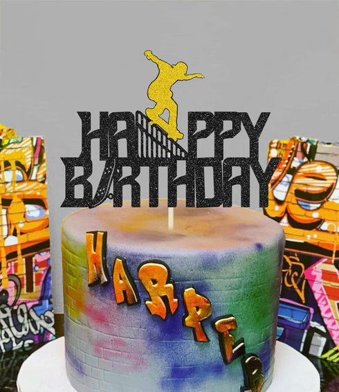 Glitter Happy Birthday Skateboard Cake Topper for Extreme Sport Skateboarding Graffiti Theme Birthday Party Decorations