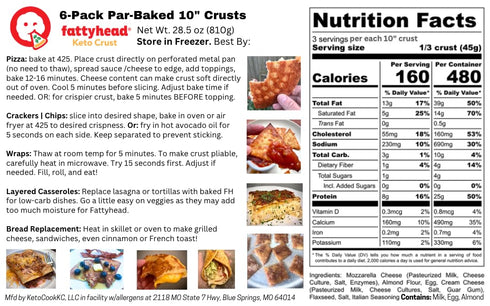 Fattyhead 3-Pk 10" Protein Pizza Crust | Baked Almond Flour Flatbread | Diabetic Friendly |Keto~Low Carb | Zero