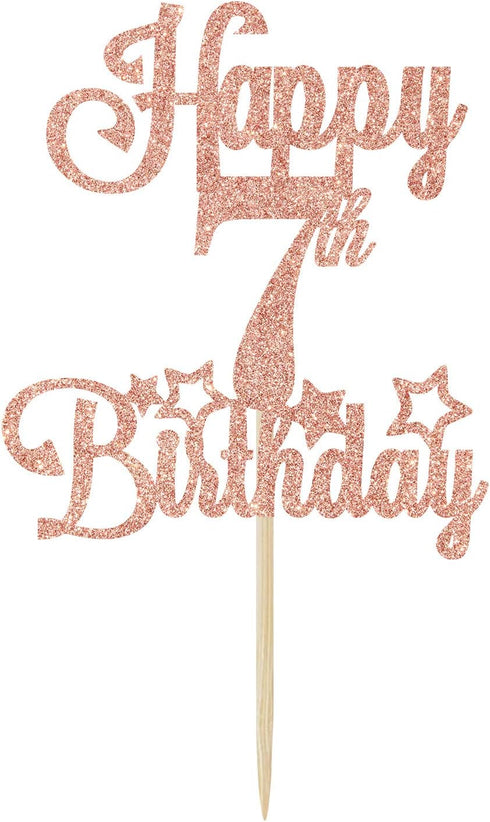 Happy 7th Birthday Cake Topper, Cheers to 7 Years, Hello 7, 7th Birthday Anniversary Party Decorations in Rose Gold