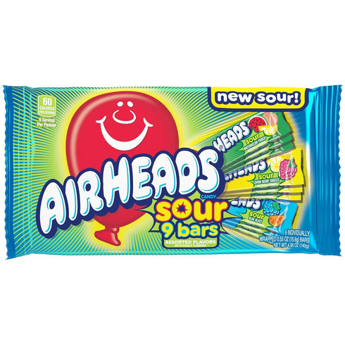9 Airheads SOUR Candy Bars, Sour Watermelon Punch, Blue Blast, Lemon Berry Squeeze, Bar Movie Theater Box