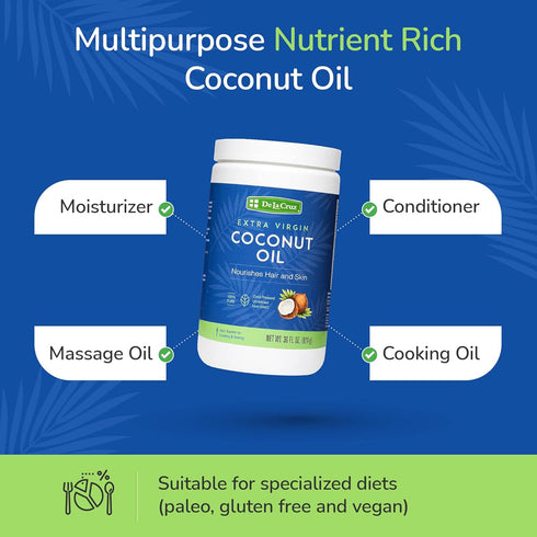 100% 30 OZ De La Cruz Extra Virgin Coconut Oil - Pure for Skin and Hair - Cooking - Multipurpose, Unrefined and Cold