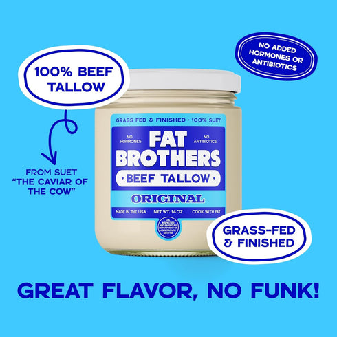 100% 2 Pack 14oz Fat Brothers Original Grass-Fed Beef Tallow, USA Made and Sourced, Suet, Jars, No Added Hormones
